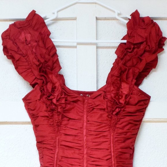 BEBE Red Silk Trim Ruffle Fiesta Lace Up Rear Cropped Corset Bustier | Size XS - Picture 3 of 7